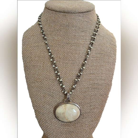 Jewelry - Vintage Double Chain Beaded Necklace With Sterling Silver And Stone Pendant